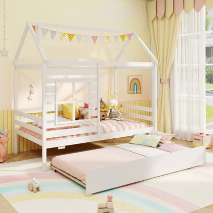Wooden Twin Size House Bed with Trundle, Roof & Guardrails - White