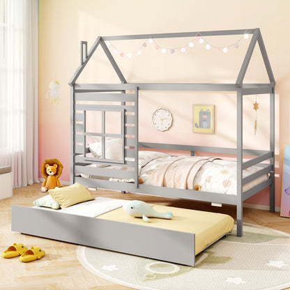 Wooden Twin Size House Bed with Trundle, Roof & Guardrails - Grey