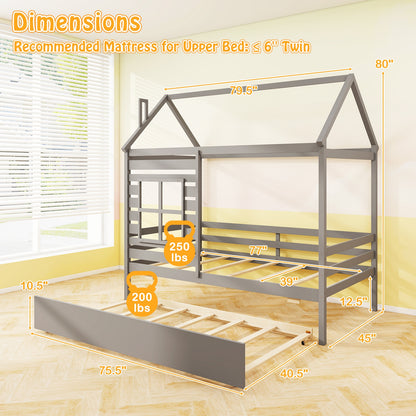 Wooden Twin Size House Bed with Trundle, Roof & Guardrails - Grey