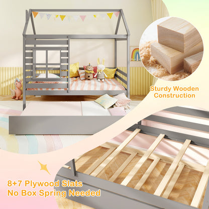 Wooden Twin Size House Bed with Trundle, Roof & Guardrails - Grey