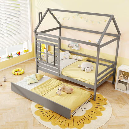 Wooden Twin Size House Bed with Trundle, Roof & Guardrails - Grey