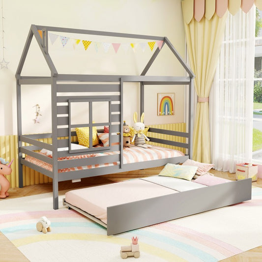 Wooden Twin Size House Bed with Trundle, Roof & Guardrails - Grey