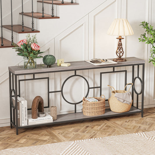 Contemporary 2-Tier Console Table with Faux Marble Finish and Metal Base