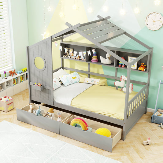 Twin House Bed Frame with Storage Drawers, Shelves, and Safety Guardrails for Kids, Grey