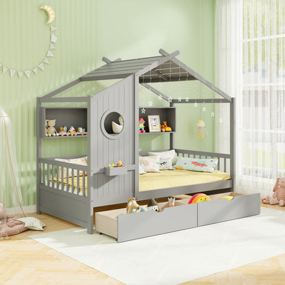 Twin House Bed Frame with Storage Drawers, Shelves, and Safety Guardrails for Kids, Grey