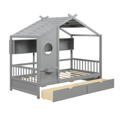 Twin House Bed Frame with Storage Drawers, Shelves, and Safety Guardrails for Kids, Grey