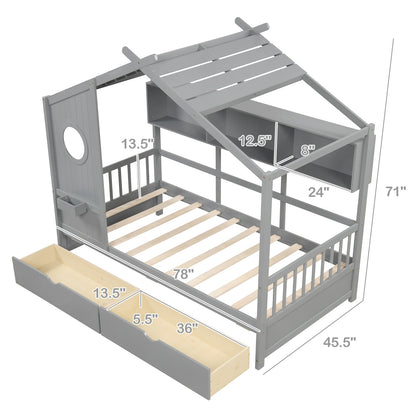 Twin House Bed Frame with Storage Drawers, Shelves, and Safety Guardrails for Kids, Grey