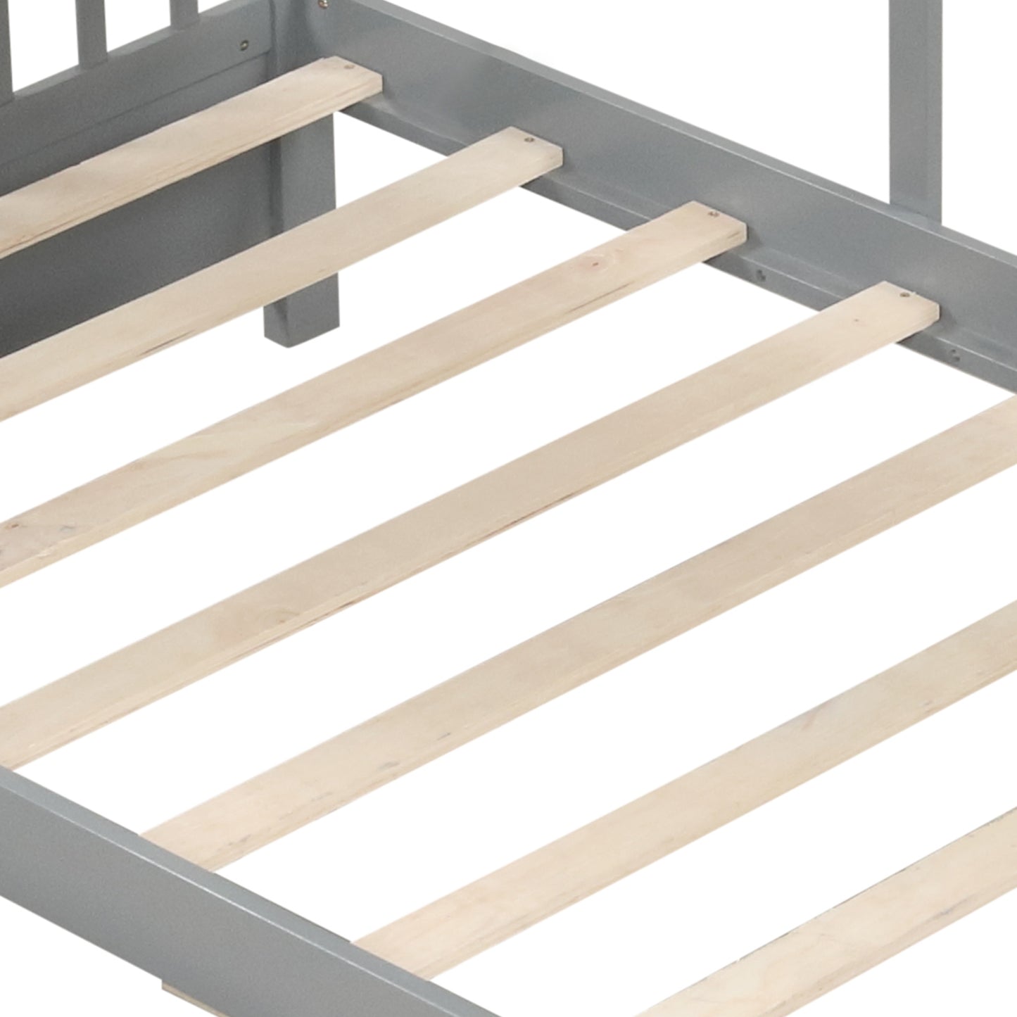 Twin House Bed Frame with Storage Drawers, Shelves, and Safety Guardrails for Kids, Grey