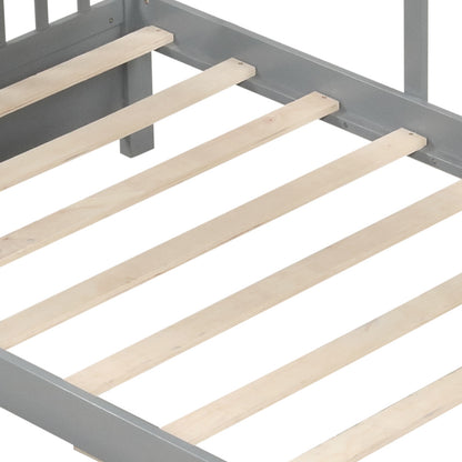 Twin House Bed Frame with Storage Drawers, Shelves, and Safety Guardrails for Kids, Grey