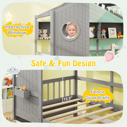 Twin House Bed Frame with Storage Drawers, Shelves, and Safety Guardrails for Kids, Grey