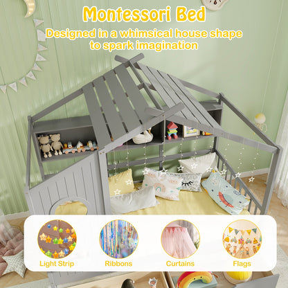 Twin House Bed Frame with Storage Drawers, Shelves, and Safety Guardrails for Kids, Grey