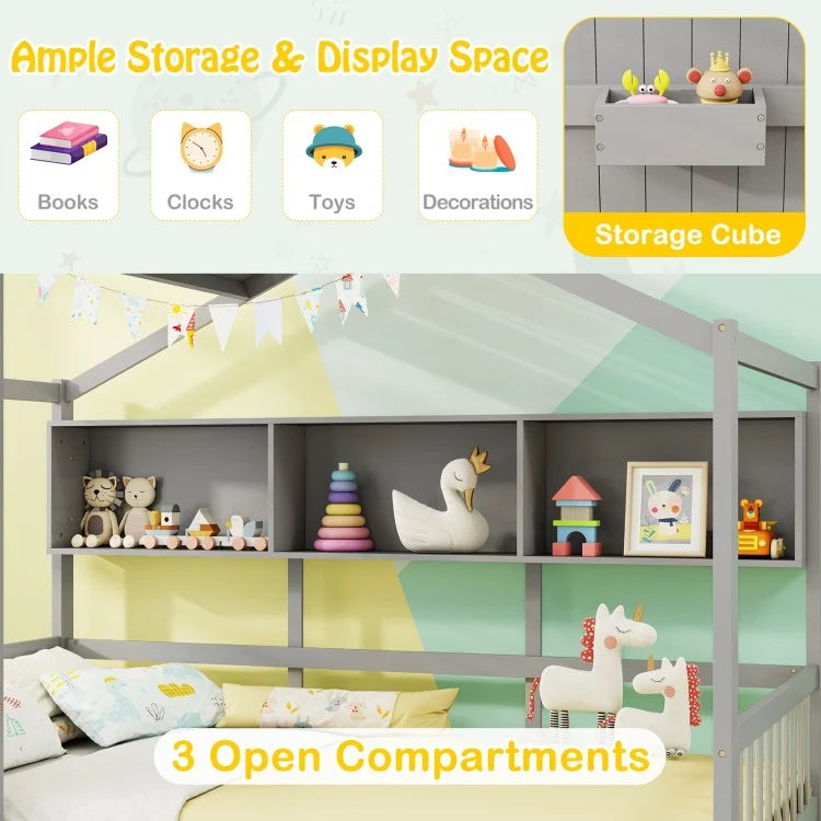 Twin House Bed Frame with Storage Drawers, Shelves, and Safety Guardrails for Kids, Grey
