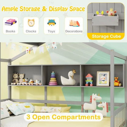 Twin House Bed Frame with Storage Drawers, Shelves, and Safety Guardrails for Kids, Grey