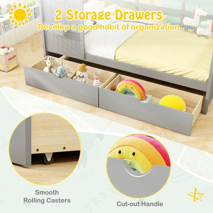 Twin House Bed Frame with Storage Drawers, Shelves, and Safety Guardrails for Kids, Grey