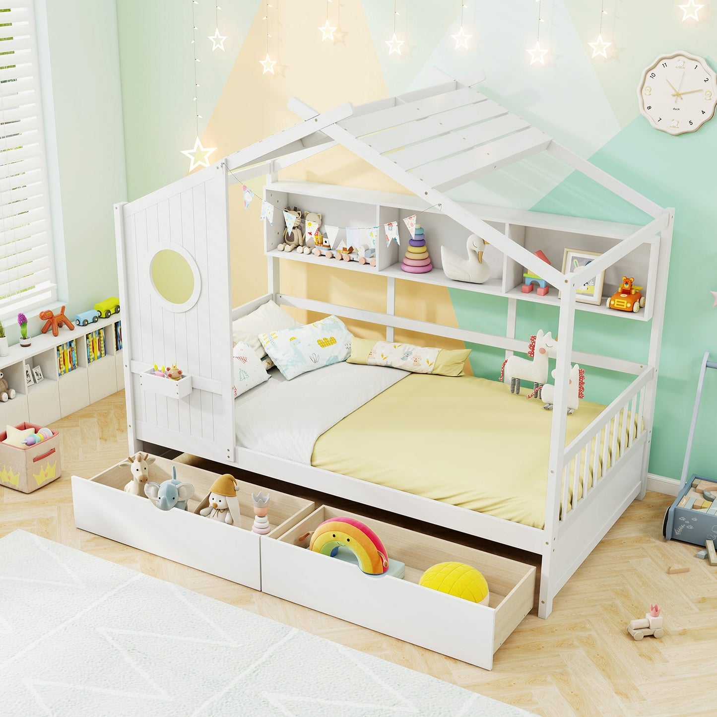 Twin House Bed Frame with Storage Drawers, Shelves, and Safety Guardrails for Kids, White