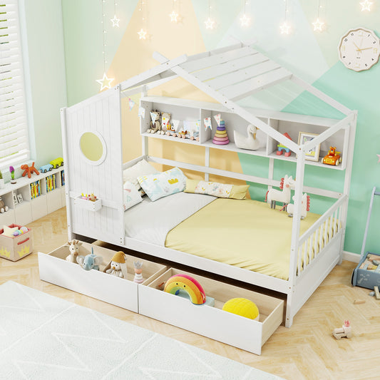 Twin House Bed Frame with Storage Drawers, Shelves, and Safety Guardrails for Kids, White
