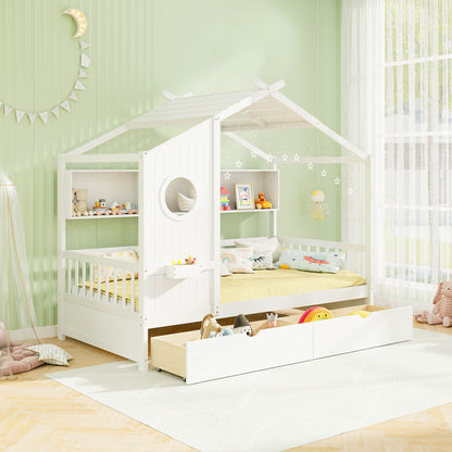 Twin House Bed Frame with Storage Drawers, Shelves, and Safety Guardrails for Kids, White