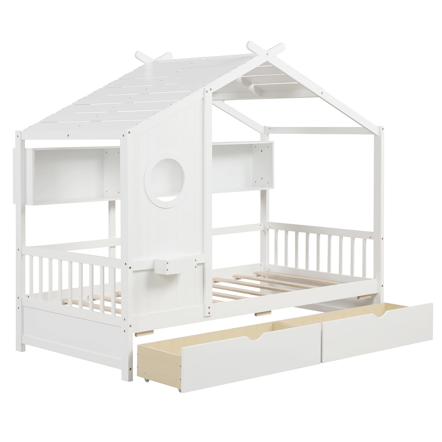 Twin House Bed Frame with Storage Drawers, Shelves, and Safety Guardrails for Kids, White
