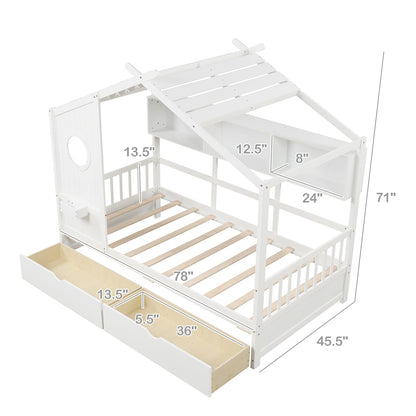 Twin House Bed Frame with Storage Drawers, Shelves, and Safety Guardrails for Kids, White
