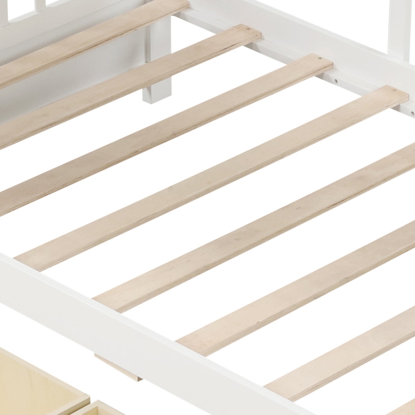 Twin House Bed Frame with Storage Drawers, Shelves, and Safety Guardrails for Kids, White
