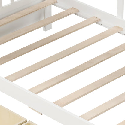 Twin House Bed Frame with Storage Drawers, Shelves, and Safety Guardrails for Kids, White