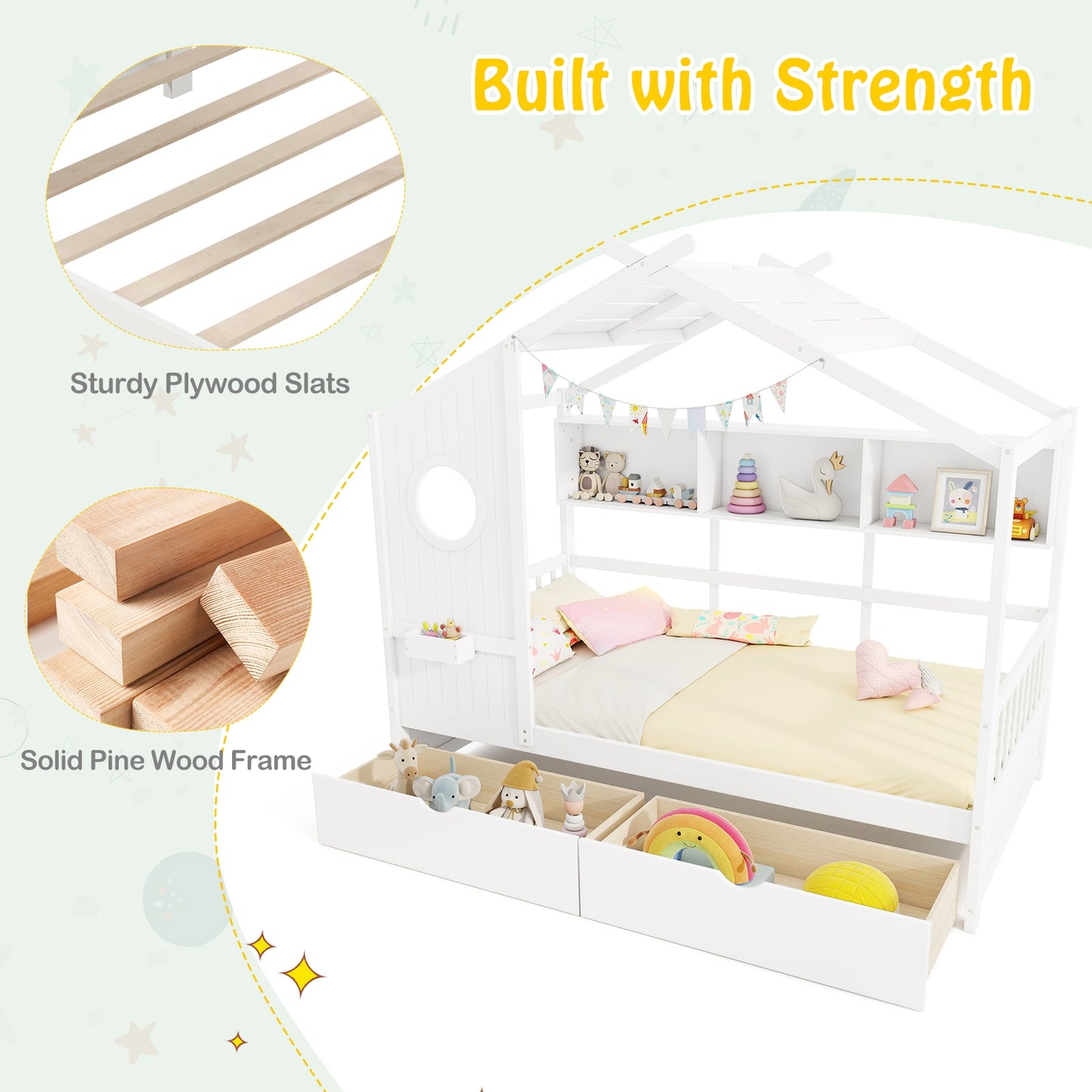 Twin House Bed Frame with Storage Drawers, Shelves, and Safety Guardrails for Kids, White