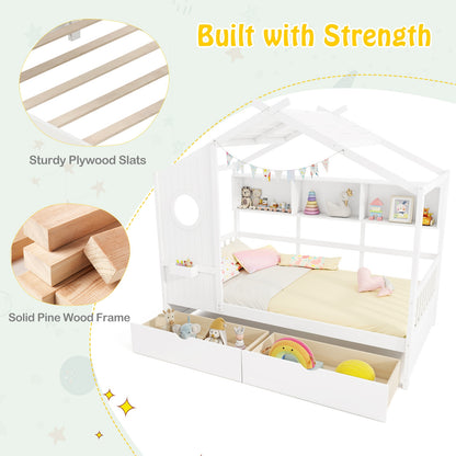 Twin House Bed Frame with Storage Drawers, Shelves, and Safety Guardrails for Kids, White