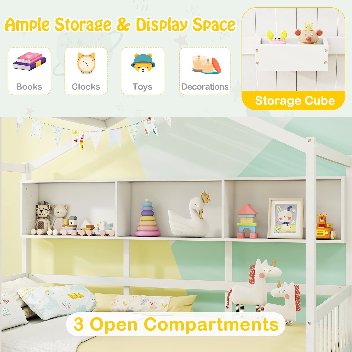 Twin House Bed Frame with Storage Drawers, Shelves, and Safety Guardrails for Kids, White