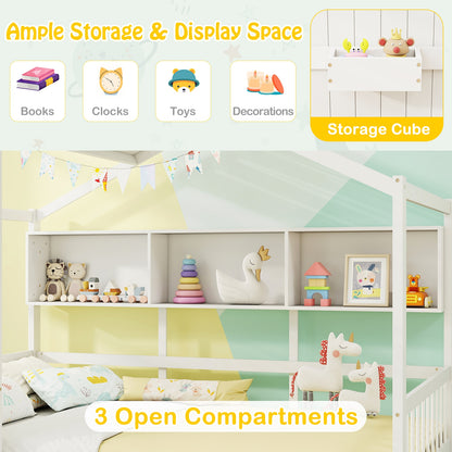 Twin House Bed Frame with Storage Drawers, Shelves, and Safety Guardrails for Kids, White