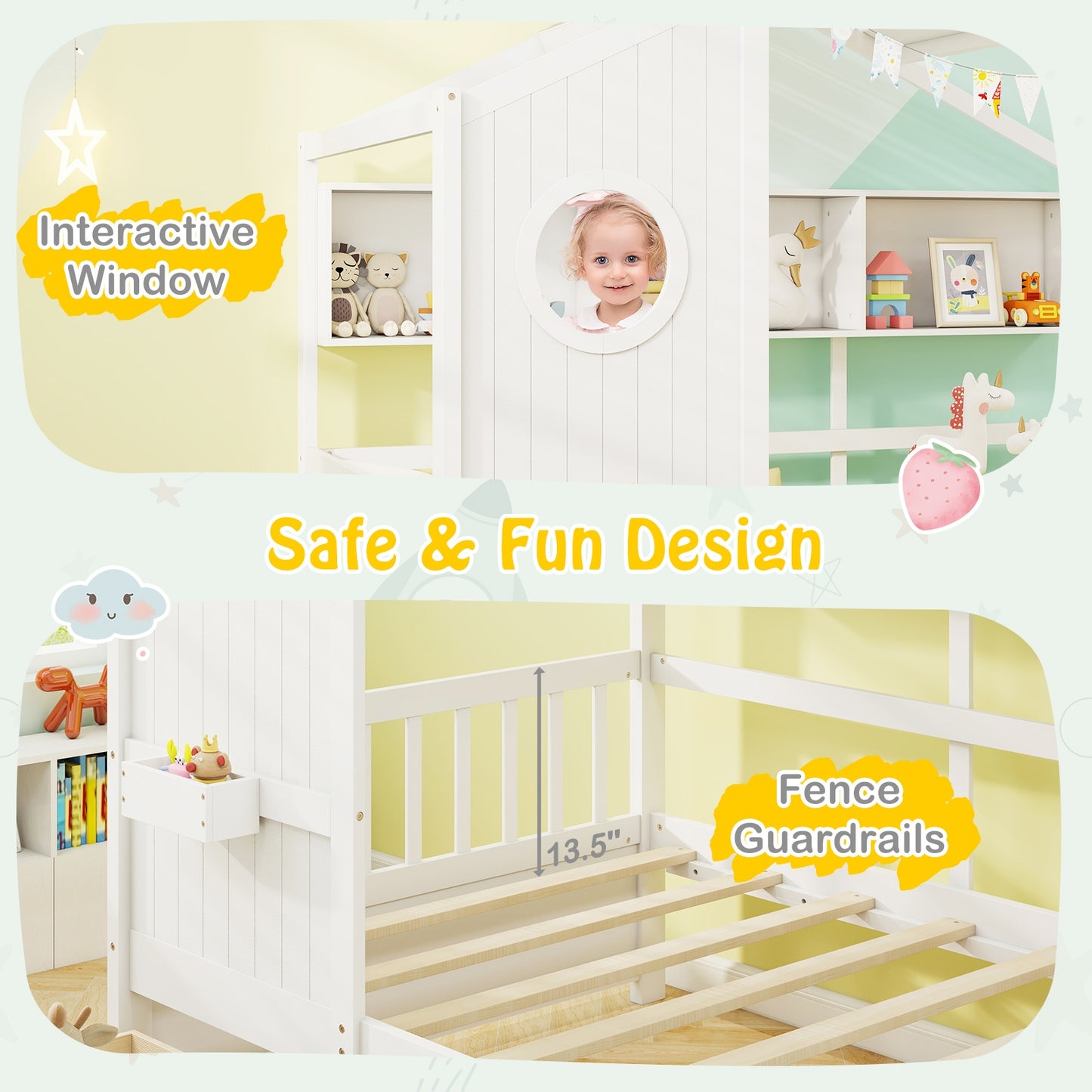 Twin House Bed Frame with Storage Drawers, Shelves, and Safety Guardrails for Kids, White