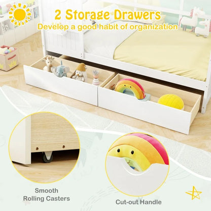 Twin House Bed Frame with Storage Drawers, Shelves, and Safety Guardrails for Kids, White
