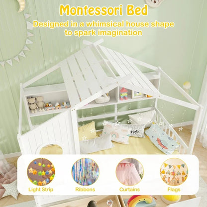 Twin House Bed Frame with Storage Drawers, Shelves, and Safety Guardrails for Kids, White