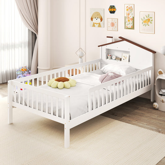 Montessori Twin Bed with House-Shaped Headboard and Storage Shelf for Kids, White