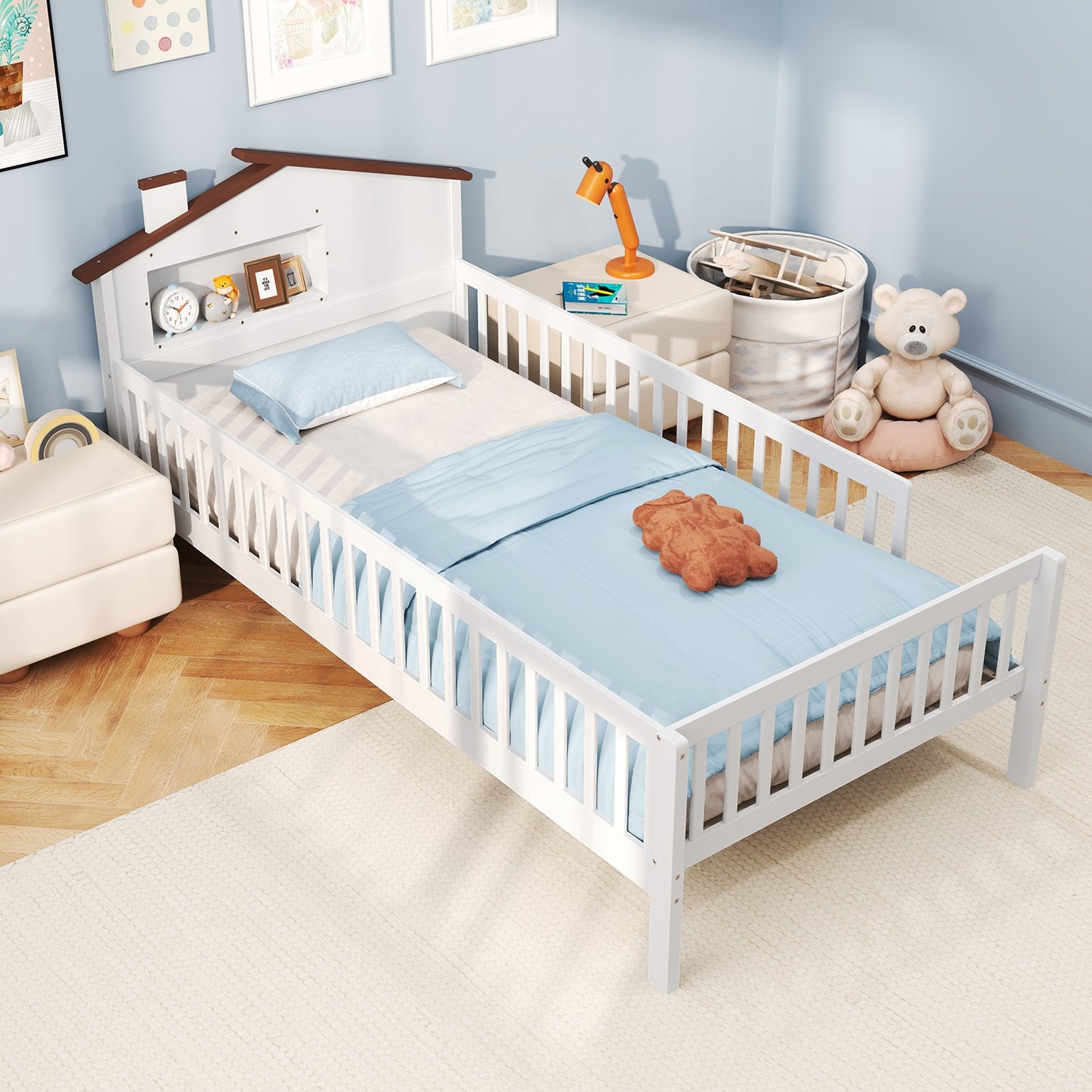 Montessori Twin Bed with House-Shaped Headboard and Storage Shelf for Kids, White
