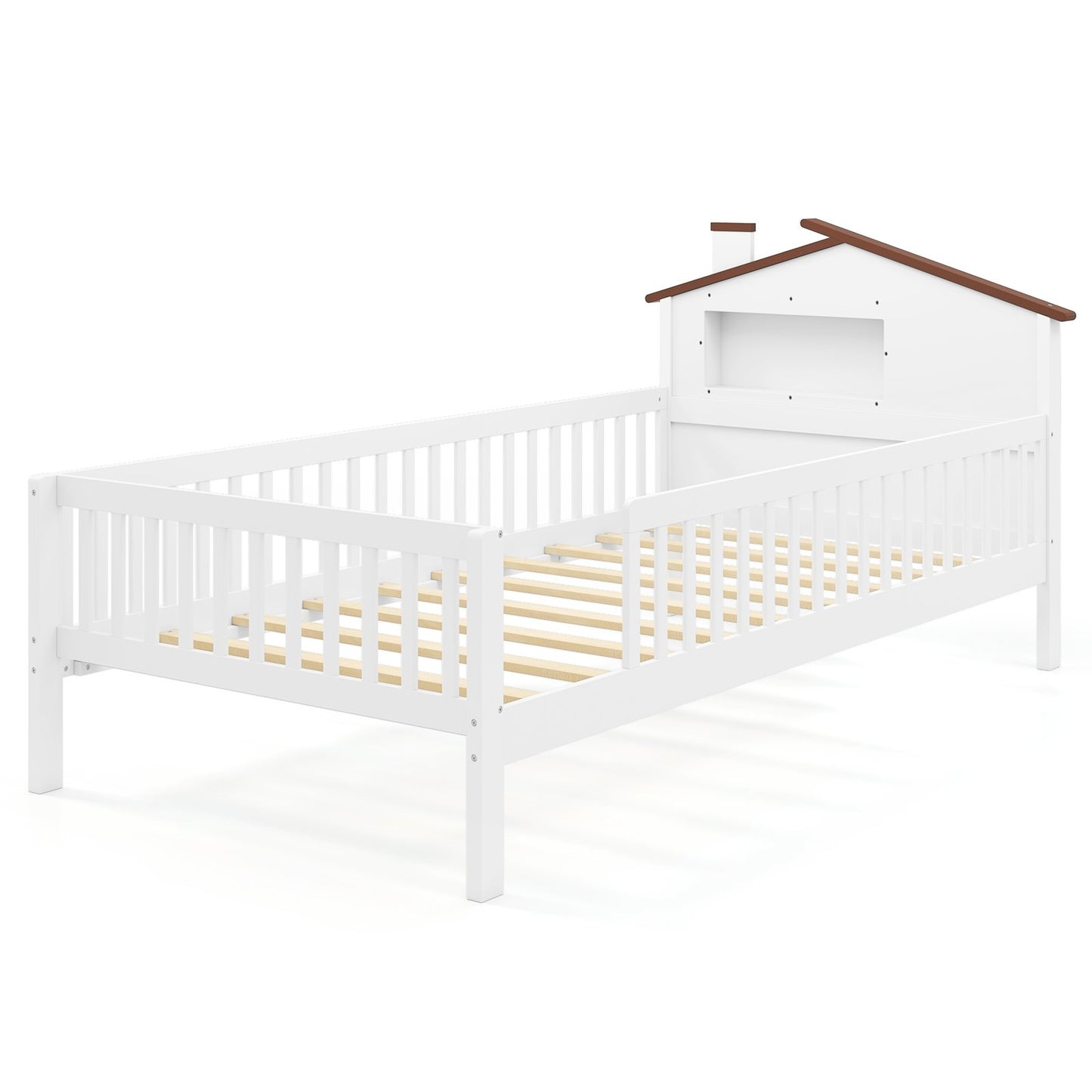 Montessori Twin Bed with House-Shaped Headboard and Storage Shelf for Kids, White