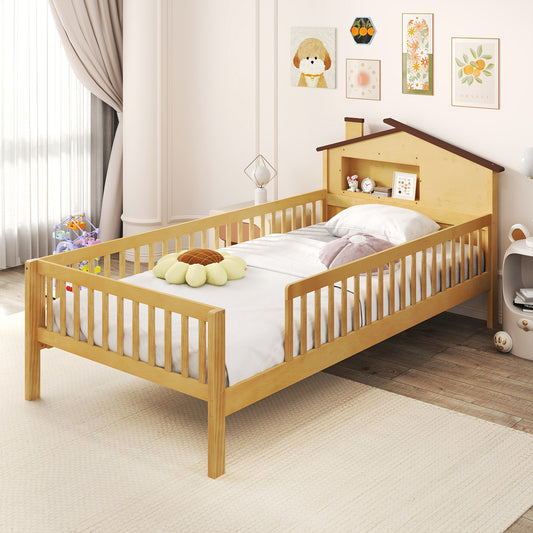 Montessori Twin Bed with House-Shaped Headboard and Storage Shelf for Kids, Natural
