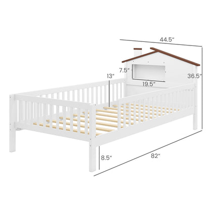 Montessori Twin Bed with House-Shaped Headboard and Storage Shelf for Kids, White