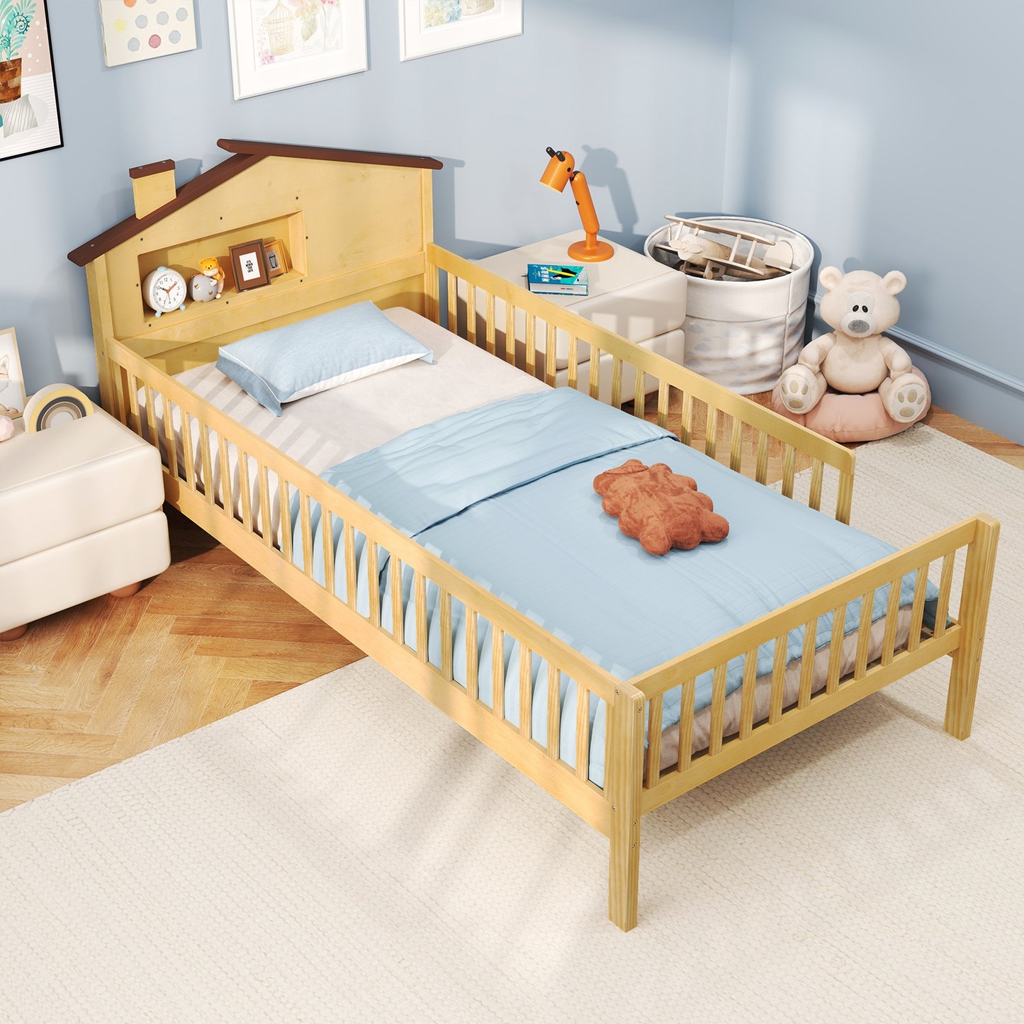 Montessori Twin Bed with House-Shaped Headboard and Storage Shelf for Kids, Natural