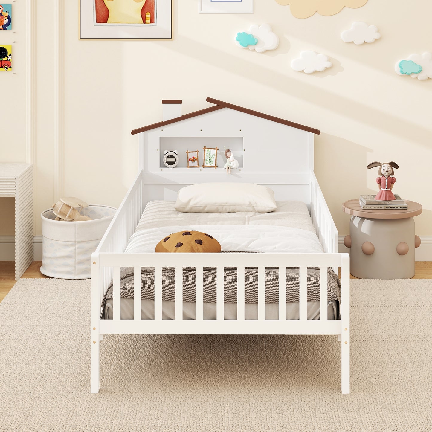 Montessori Twin Bed with House-Shaped Headboard and Storage Shelf for Kids, White