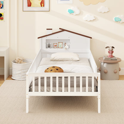 Montessori Twin Bed with House-Shaped Headboard and Storage Shelf for Kids, White