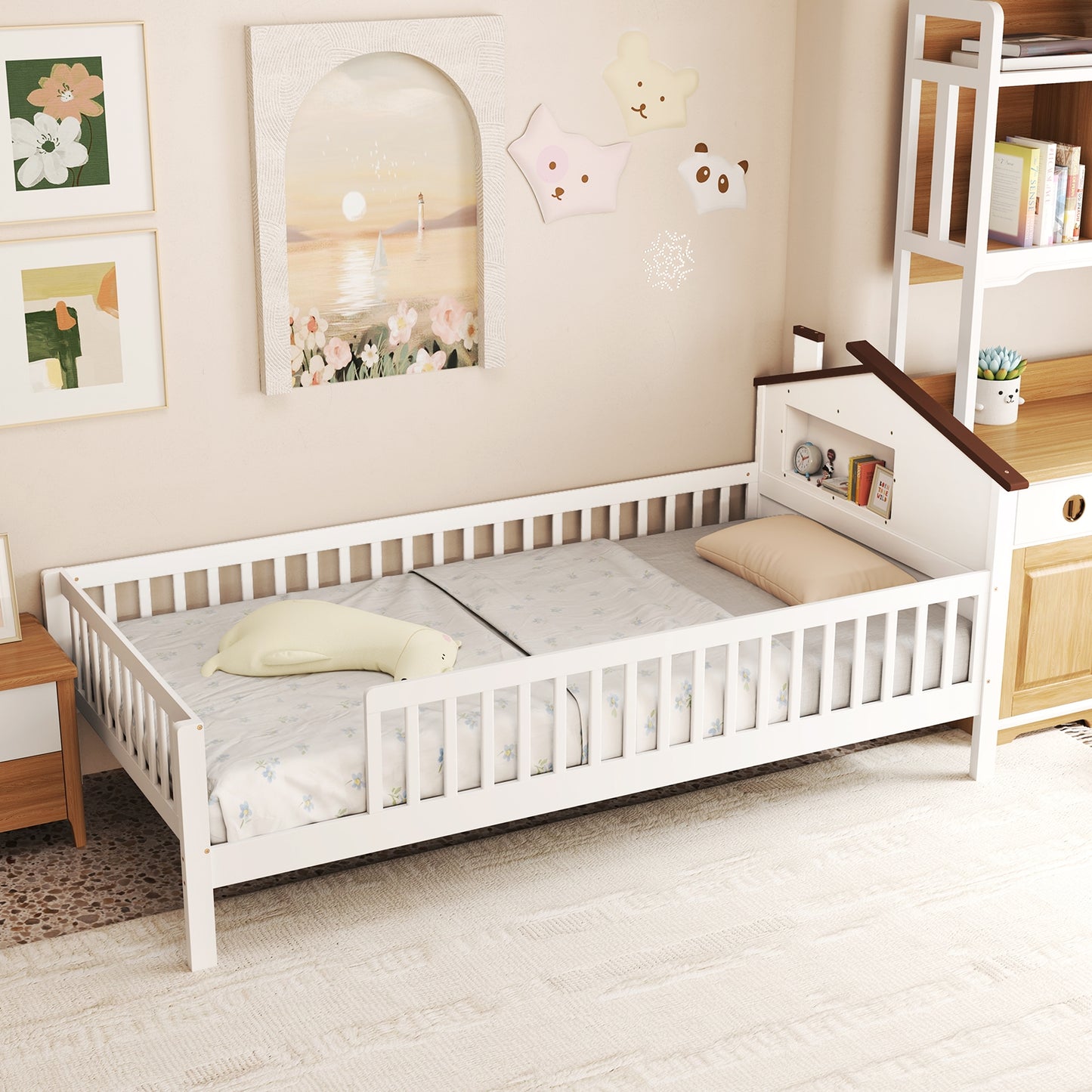 Montessori Twin Bed with House-Shaped Headboard and Storage Shelf for Kids, White