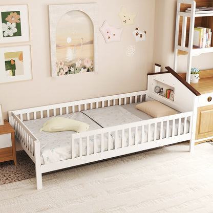 Montessori Twin Bed with House-Shaped Headboard and Storage Shelf for Kids, White