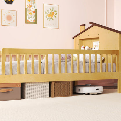 Montessori Twin Bed with House-Shaped Headboard and Storage Shelf for Kids, Natural