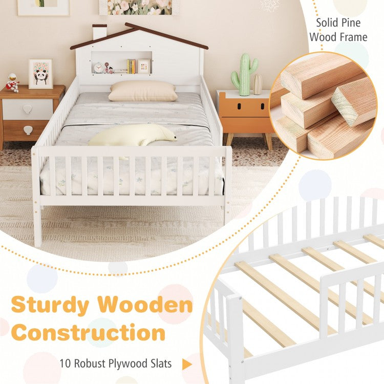 Montessori Twin Bed with House-Shaped Headboard and Storage Shelf for Kids, White