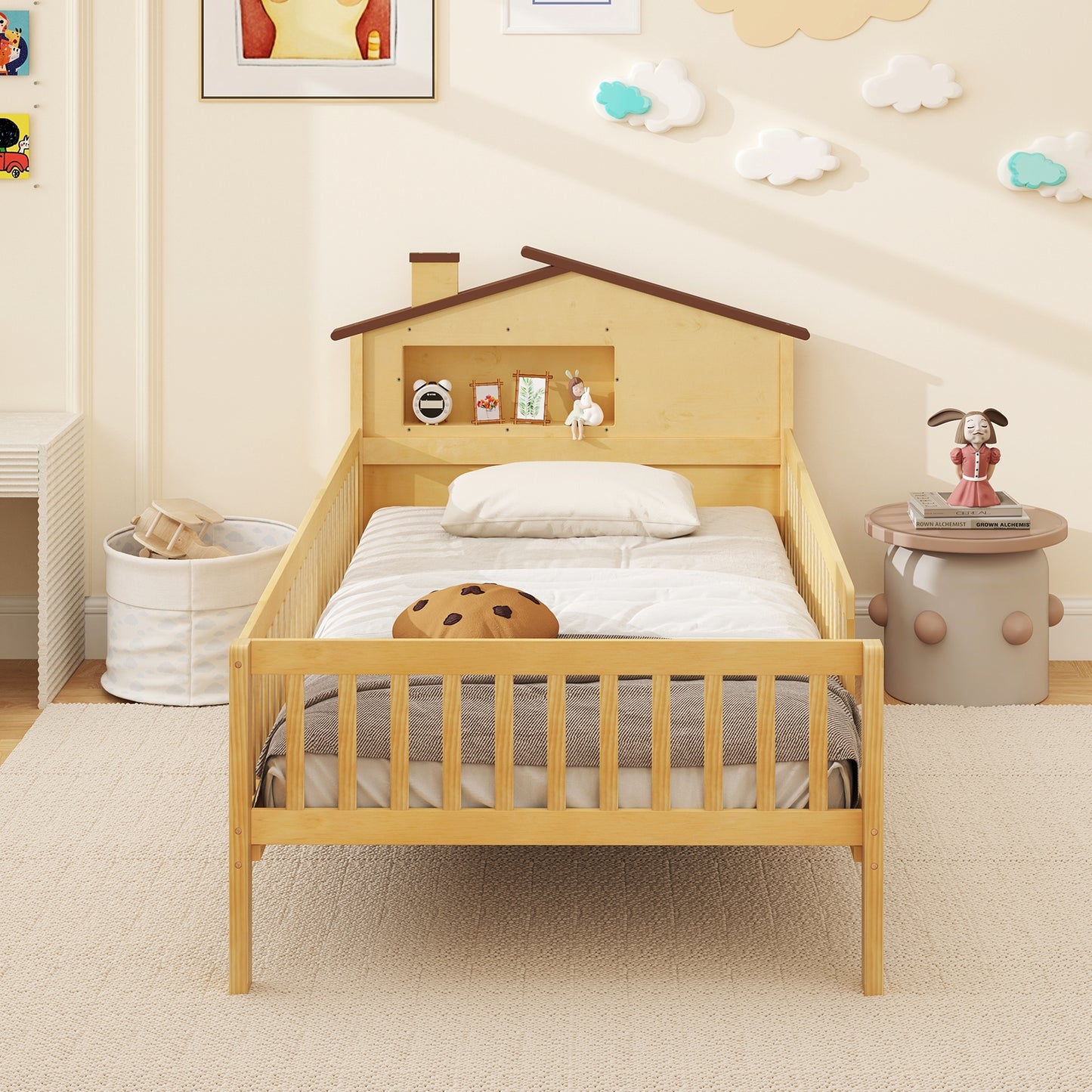 Montessori Twin Bed with House-Shaped Headboard and Storage Shelf for Kids, Natural