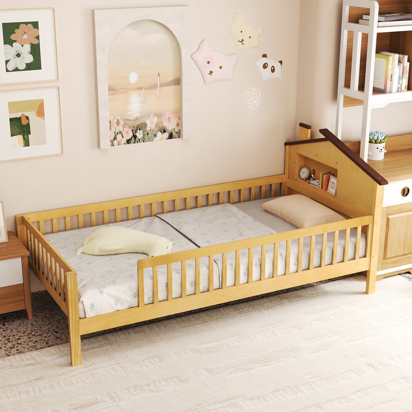 Montessori Twin Bed with House-Shaped Headboard and Storage Shelf for Kids, Natural