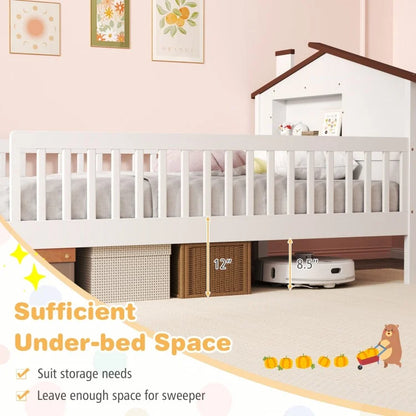 Montessori Twin Bed with House-Shaped Headboard and Storage Shelf for Kids, White