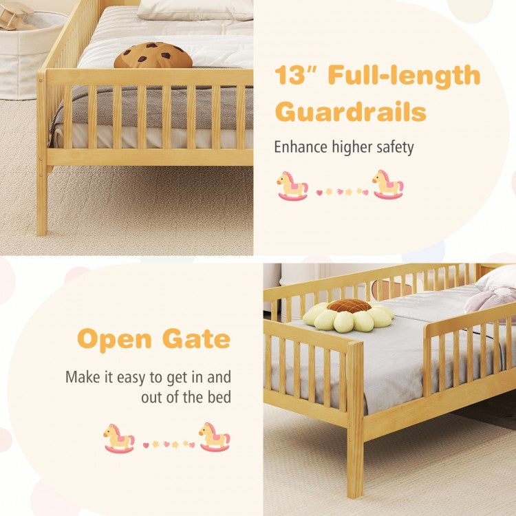 Montessori Twin Bed with House-Shaped Headboard and Storage Shelf for Kids, Natural