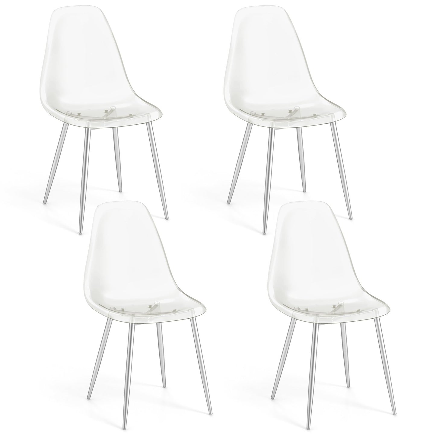 Modern Dining Chairs with Clear Plastic Shell and Silver Metal Legs - Set of 4