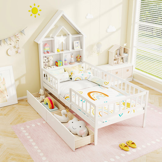 Twin Size Montessori House Bed for Kids with Storage Headboard and Slide-Out Drawers